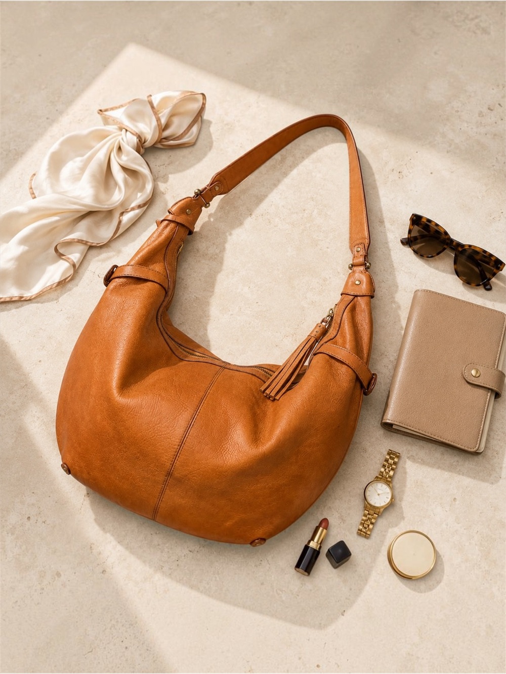 Liz Claiborne Cognac Brown Leather Slouchy Hobo Shoulder Bag Tassel Large - Picture 12 of 13